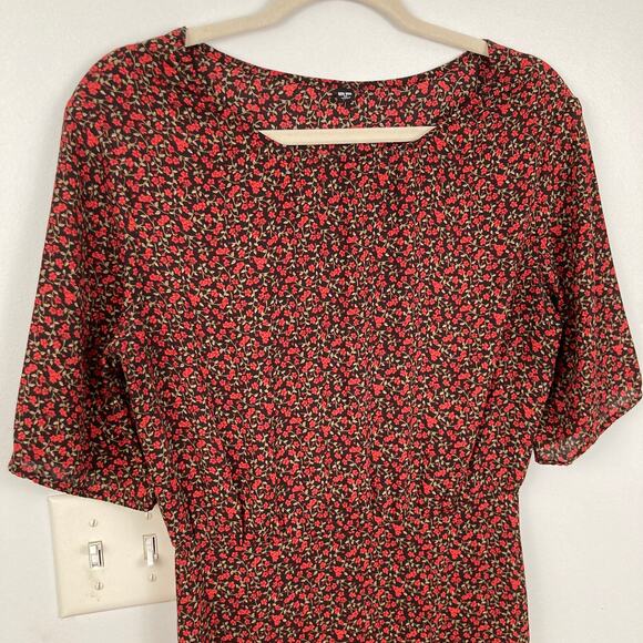 Uniqlo Womens XS Black & Red Ditsy Floral Midi Dress Fairy Grunge Whimsigoth - Picture 3 of 9